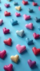Fototapeta premium Numerous small, bright hearts on a light blue background , romantic, sky blue