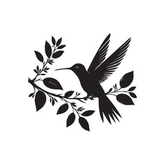 Hummingbird silhouette vector art illustration perched on a branch, showcasing elegance and nature. A captivating silhouette of a hummingbird in flight, poised on a branch adorned with leaves.