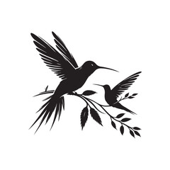 Hummingbird silhouette vector art illustration perched on a branch, showcasing elegance and nature. A captivating silhouette of a hummingbird in flight, poised on a branch adorned with leaves.