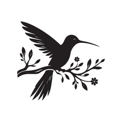 Hummingbird silhouette vector art illustration perched on a branch, showcasing elegance and nature. A captivating silhouette of a hummingbird in flight, poised on a branch adorned with leaves.