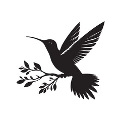 Hummingbird silhouette vector art illustration perched on a branch, showcasing elegance and nature. A captivating silhouette of a hummingbird in flight, poised on a branch adorned with leaves.