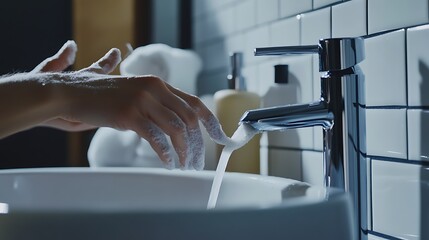 Person Washing Hands with Soap Under Running Water