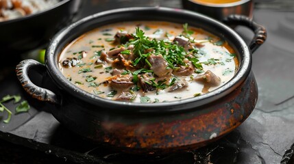 Fragrant mutton korma yogurt based gravy rustic kadai captured in dramatic lighting on black surface Traditional royal Indian cuisine no people or text India cut out on isolated transparent background
