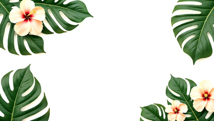 Naklejka premium Minimalist background with green tropical leaves and soft peach hibiscus flowers arranged on white, perfect for summer branding or spa promotions