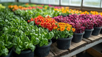 Colorful flowers and plants in pots in a greenhouse.