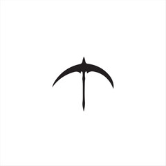An elegant logo design featuring a black silhouette of a sickle set against a stark white background.  The style should be minimalist, using geometric shapes and clean lines for balance and visual