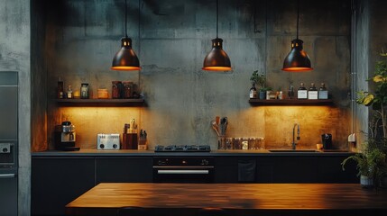 A sleek industrial kitchen with a dark wooden table, concrete walls, and warm hanging lights