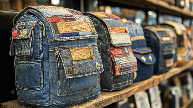 A row of handmade patchwork denim backpacks displayed on a wooden shelf.