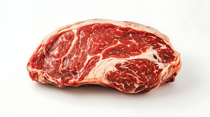 Obraz premium Fresh Raw Ribeye Steak With Intramuscular Fat On White Background High Angle View Marbled Beef For Barbecue And Grilling Delicious Gourmet Red Meat Cut