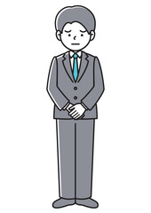 前で手を組み困った表情を浮かべるビジネスマンの正面向きベクターイラスト