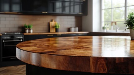 A stylish kitchen interior featuring a polished round wood counter in a clean, minimal setting 
