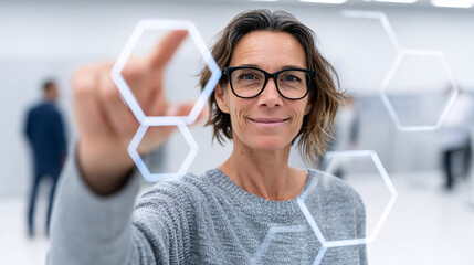Innovative woman interacting with digital interface, showcasing technology and creativity modern workspace. Her confident expression reflects leadership and engagement collaborative environment