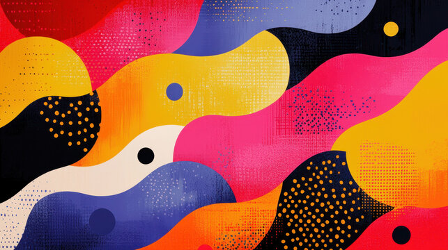 Vibrant abstract background with colorful shapes and textured patterns featu bold splashes of yellow pink blue black and white for creative design projects