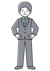 手を腰に当てて反対意見をアピールするビジネスマンの正面向きベクターイラスト