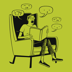 Person reading a scary book, shocked and scared, humorous illustration