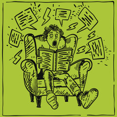 Person reading a scary book, shocked and scared, humorous illustration