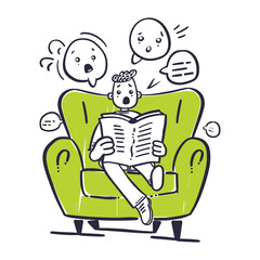 Person reading a scary book, shocked and scared, humorous illustration