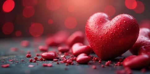 Red and white hearts, varying sizes, bokeh effect, lights, texture