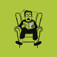 Person reading a scary book, shocked and scared, humorous illustration