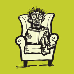 Person reading a scary book, shocked and scared, humorous illustration