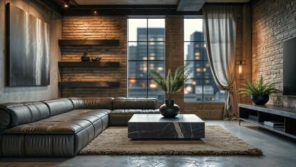 Generative AI, Industrial Loft Living Room with Leather and Marble Details