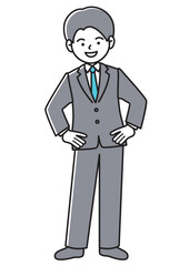 手を腰に当てて笑顔でこちらを見ているビジネスマンの正面向きベクターイラスト