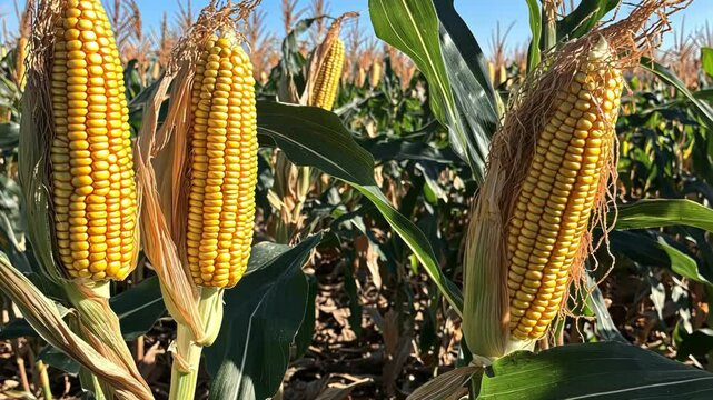 A vibrant corn field with ripe ears, showing a bountiful harvest scene.