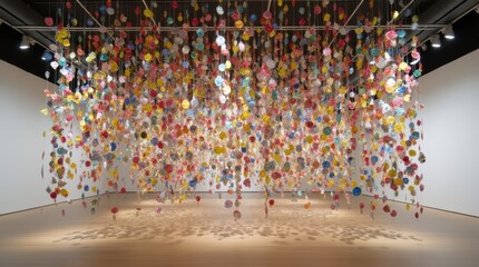 Fototapeta premium Indoor gallery setting, colorful suspended art installation crafted from shredded paper, old magazines, and bottle caps, hanging from ceiling in flowing abstract forms