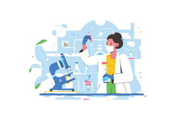 Masked scientist studies vials and microscope in her lab
