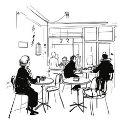People Sitting in a Coffee Shop - Hand-drawn Illustration
