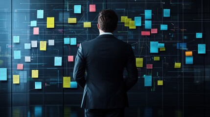 Businessman analyzing colorful digital sticky notes on a futuristic wall for project planning or data organization in a modern office environment