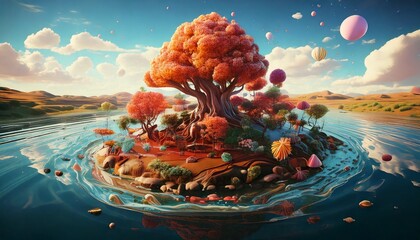 island with candy-shaped trees and a chocolate 