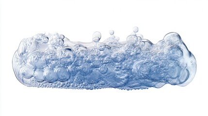 Close-up of translucent blue bubbles and foam isolated on white background.