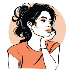 Young woman looking up thoughtfully, pondering illustration