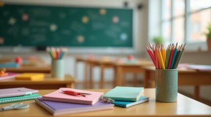 Photorealistic classroom scene, colorful school supplies like notebooks, pencils, and scissors neatly arranged on a desk with playful decorations
