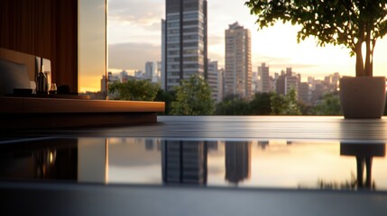 Fototapeta premium Modern city skyline view from luxurious rooftop pool area du sunset with glass buildings and urban greenery in the background