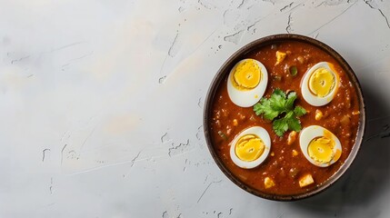 Indian egg masala curry served ceramic bowl white surface top down angle Spicy gravy halved boiled eggs popular North Indian dish India 