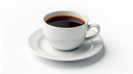 Photorealistic studio shot, ceramic white coffee cup with saucer filled with black coffee, isolated on clean white background