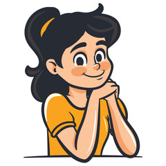 Happy woman with a thoughtful expression, hand on chin, thinking moment