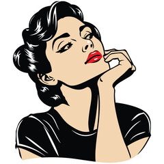 Young woman looking up thoughtfully, pondering, cartoon illustration