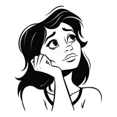 Young woman looking up thoughtfully, pondering, cartoon illustration