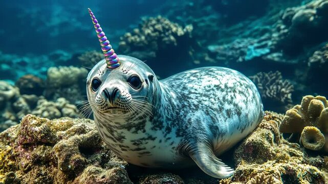 A whimsical seal with a unicorn horn swims among a coral reef, undersea.