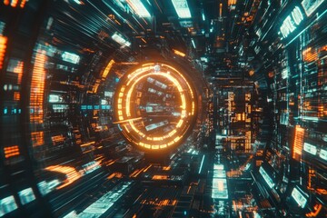 Futuristic tunnel with glowing circuits and data streams.  A vibrant, dynamic perspective of a high-tech tunnel filled with intricate circuitry, highlighted by glowing orange and turquoise energy, 