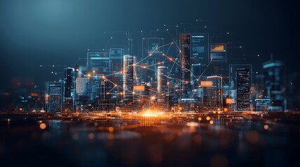 Digital city, showcasing interconnected data, light, and skyscrapers, illuminated in blue and orange