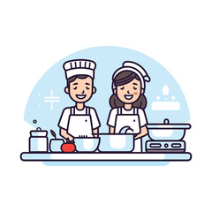 Chef and assistant happily preparing food in the kitchen, culinary teamwork