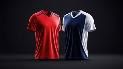 Two rugby jerseys featured on a black background with one red and one navy blue and white design, sportswear apparel perfect for team sports and athletic activities