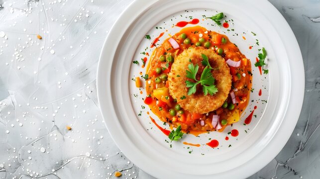 Indian ragda pattice mashed peas curry crispy aloo tikki and layered toppings placed on white ceramic plate top down view traditional chaat dish from India cut out on isolated transparent background