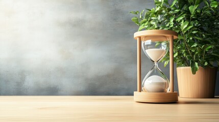 Minimalist workspace with a potted plant and a classic wooden hourglass timer on a light wooden desk against a textured gray wall background