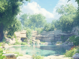 Serene Oasis Tranquil Pond Lush Greenery Stone Grotto Summer Landscape