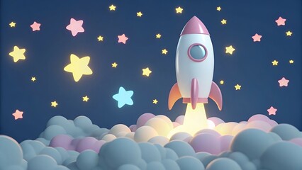 Naklejka premium Cartoon Rocket Launching from Pastel Clouds